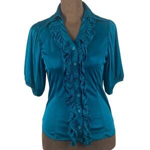 Cecil McBee Teal Ruffled V Neck Buttoned Blouse Small